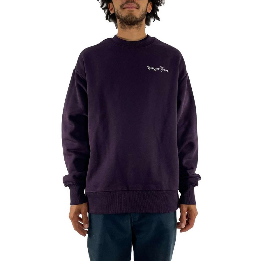 Jumpers & Hoodies * | Trigger Bros Embroidered Heavy Fleece Crew Mens In Plum Purple