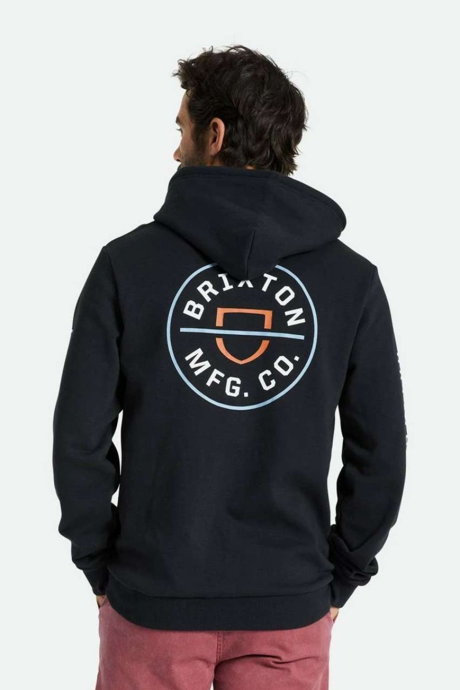 Jumpers & Hoodies * | Brixton Crest Hood Mens In Dusty Blue Burnt Red Black