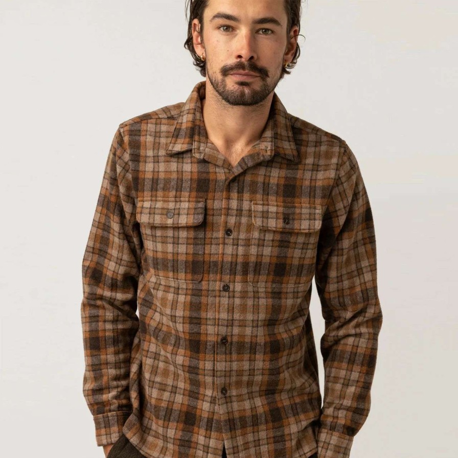 Shirts * | Rhythm Check Long Sleeve Shirt Mens In Tobacco Brown