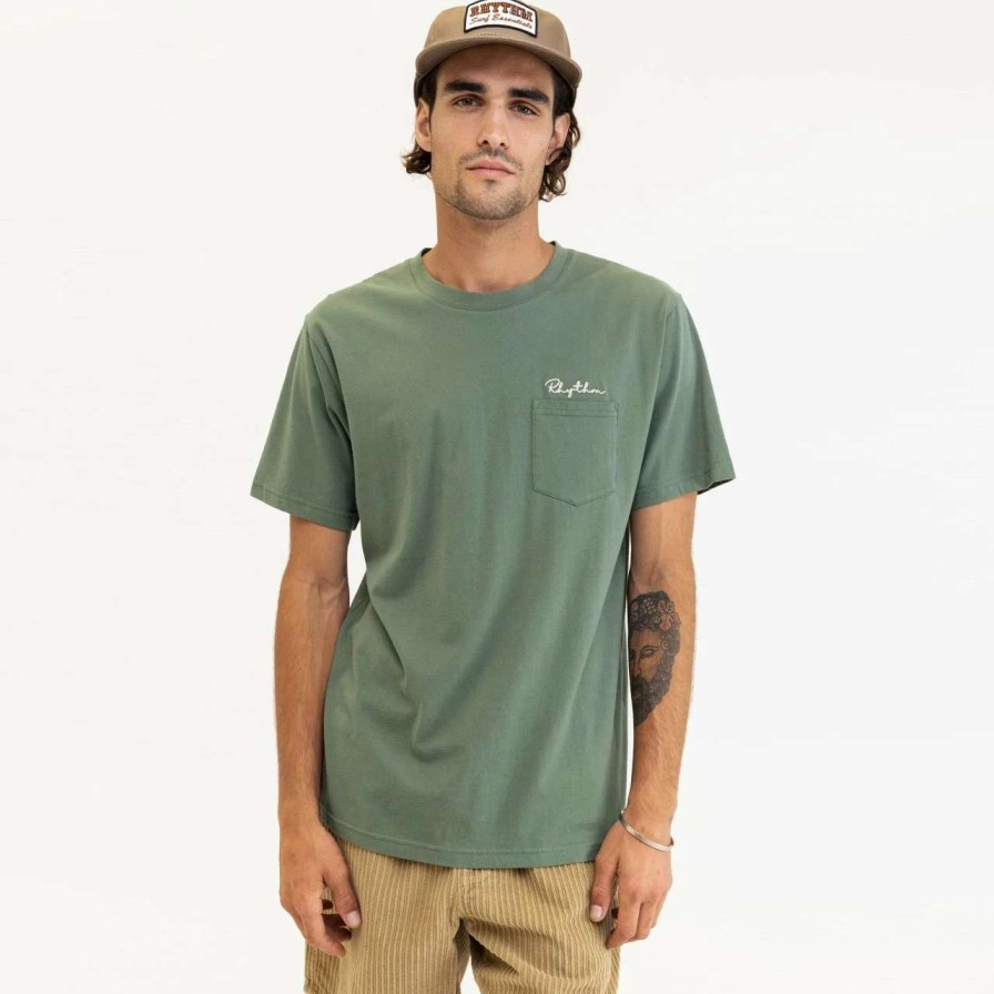 Tees * | Rhythm Embroidered Pocket Tee Mens In Agave Green