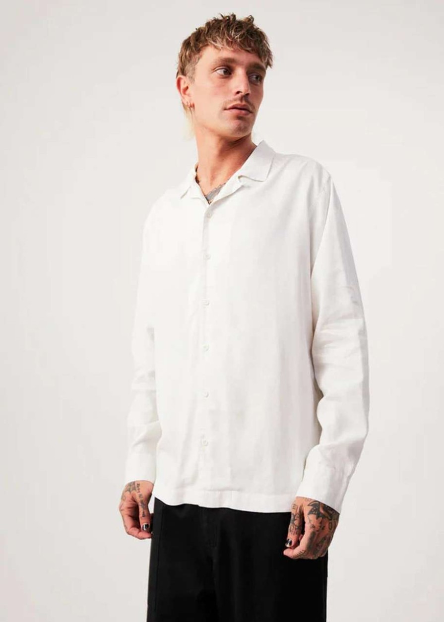 Shirts * | Afends Critical Hemp Cuban Long Sleeve Shirt Mens In White