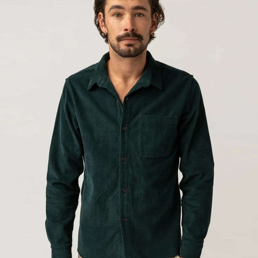 Shirts * | Rhythm Corduroy Long Sleeve Shirt Mens In Pine Green