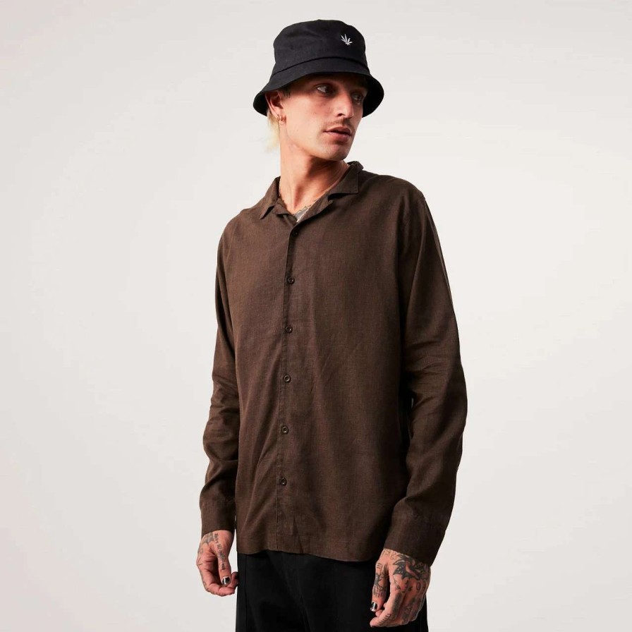 Shirts * | Afends Critical Hemp Cuban Long Sleeve Shirt Mens In Coffee Brown