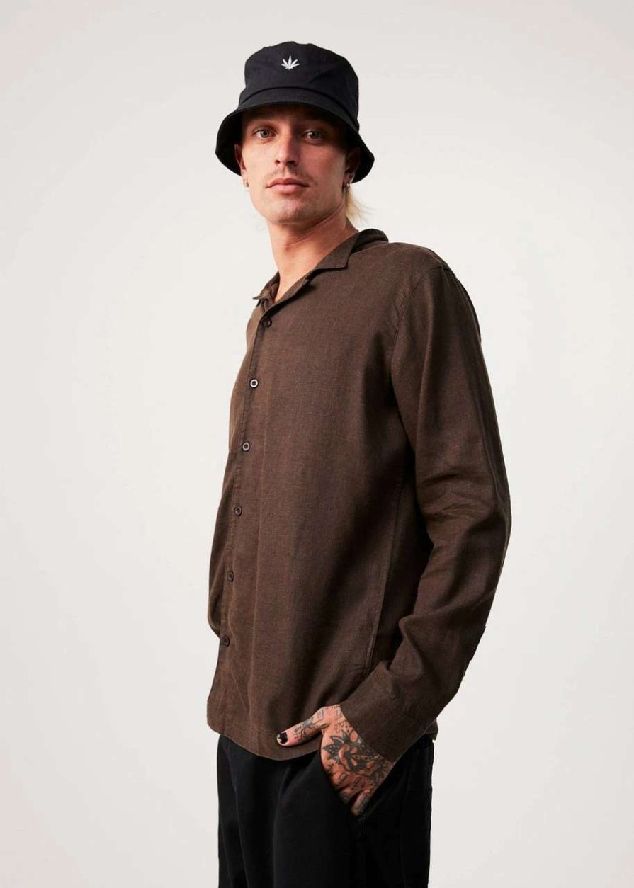 Shirts * | Afends Critical Hemp Cuban Long Sleeve Shirt Mens In Coffee Brown