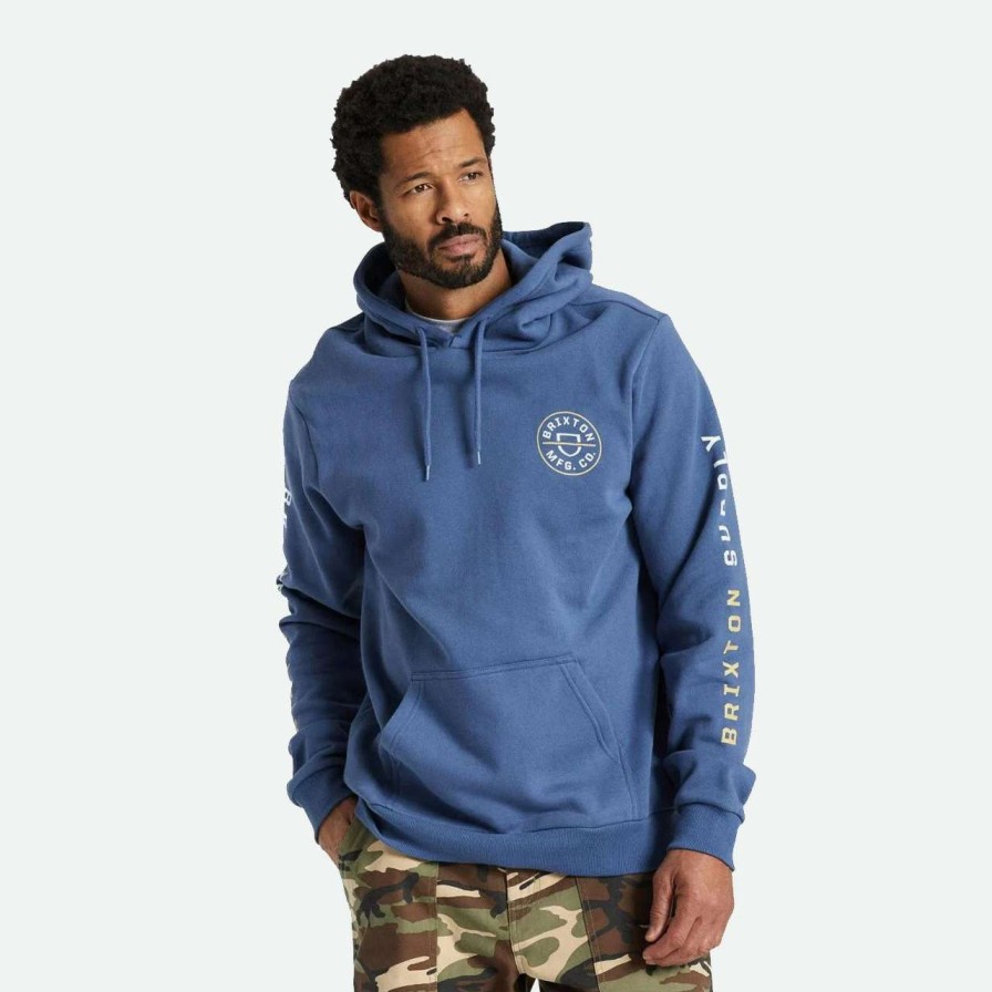 Jumpers & Hoodies * | Brixton Crest Hood Mens In Pacific Straw Off White Blue