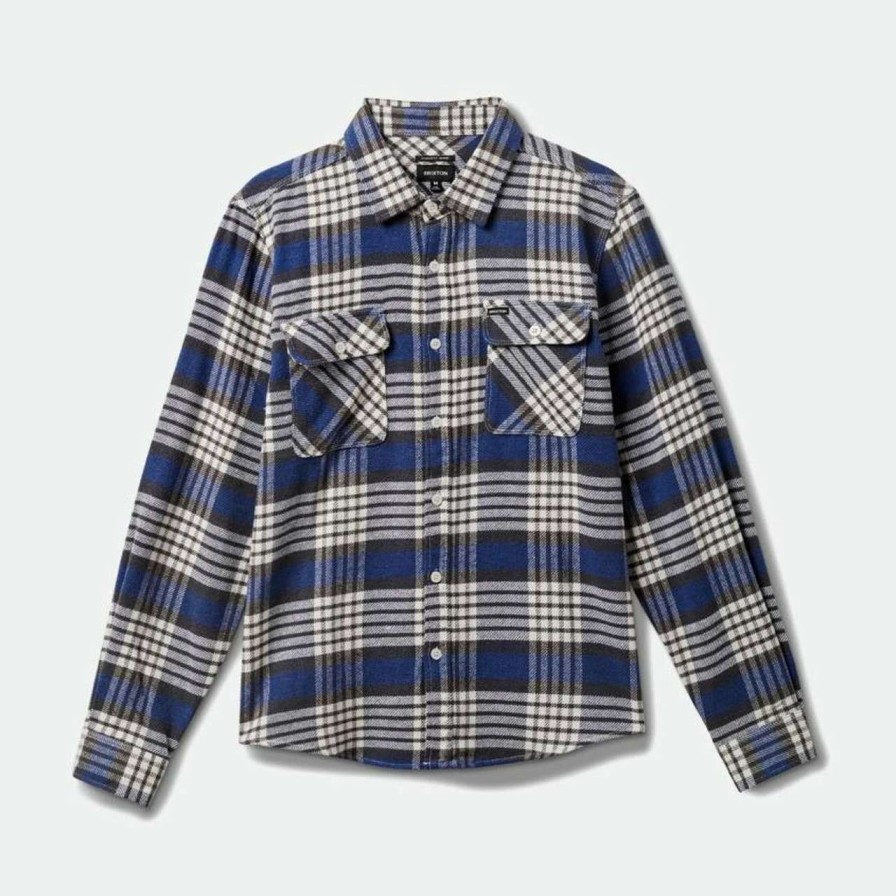 Shirts * | Brixton Bowery Long Sleeve Flannel Shirt Mens In Pacific White Cap Black Blue