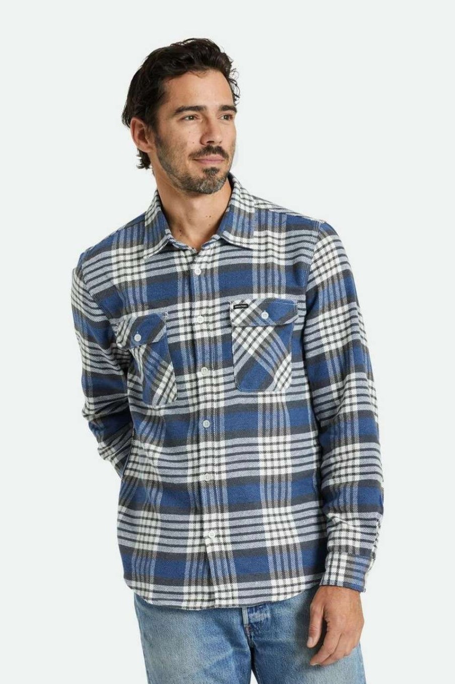 Shirts * | Brixton Bowery Long Sleeve Flannel Shirt Mens In Pacific White Cap Black Blue