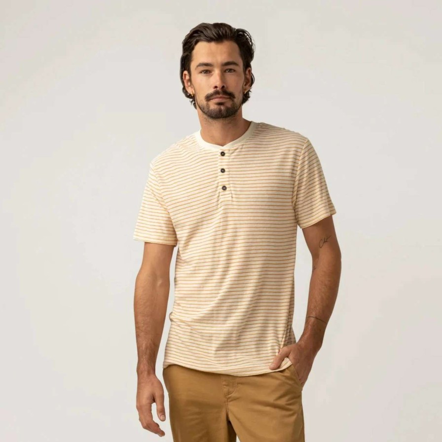 Tees * | Rhythm Linen Stripe Henley Tee Mens In Natural Beige