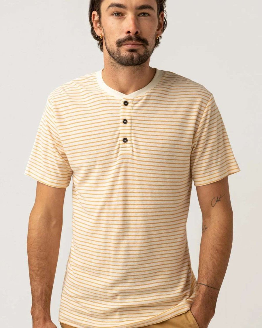 Tees * | Rhythm Linen Stripe Henley Tee Mens In Natural Beige