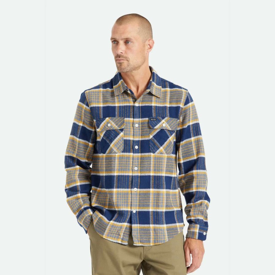 Shirts * | Brixton Bowery Flannel Shirt Mens In Moonlit Ocean Bright Gold Blue