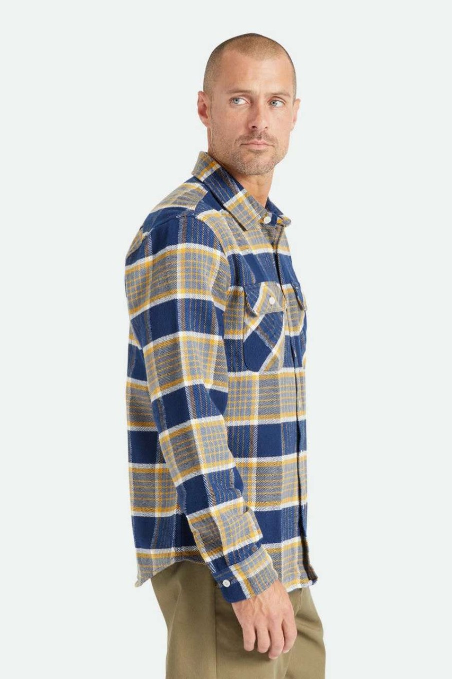 Shirts * | Brixton Bowery Flannel Shirt Mens In Moonlit Ocean Bright Gold Blue