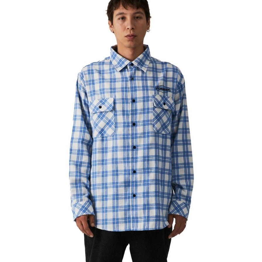 Shirts * | Former Silence Check Long Sleeve Shirt Mens In Pale Blue